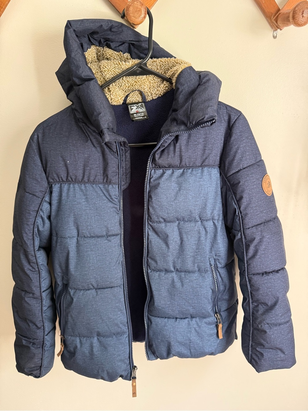 ZeroXposur Navy Blue Kids Puffer Jacket with Sherpa Hood